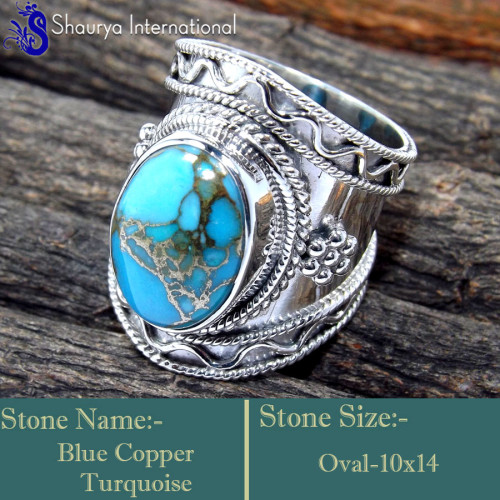 Blue Copper Turquoise L - RSS859-Trendy Look Colourful Designer Exclusive Rings 925 Sterli