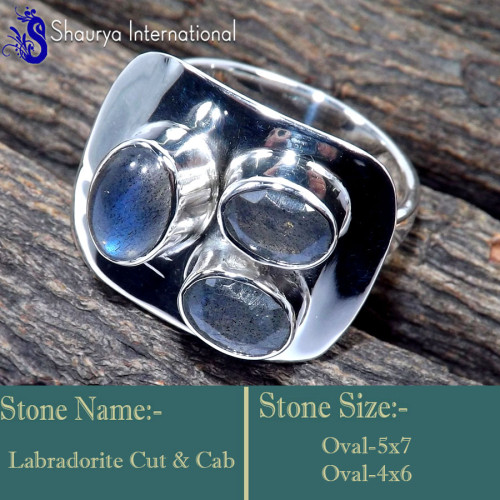 Labradorite Cab & Cut A - RSS855-Unique Three Stone Handmade Fashionable Rings 925 Sterlin Labradorite Cab & Cut A - RSS855-Unique Three Stone Handmade Fashionable Rings 925 Sterlin