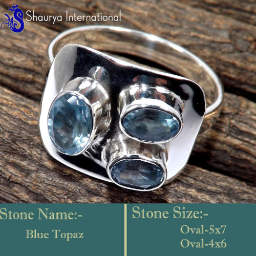 Blue Topaz B - RSS855-Unique Three Stone Handmade Fashionable Rings 925 Sterlin