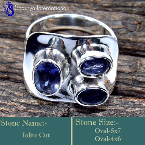 Iolite Cut C - RSS855-Unique Three Stone Handmade Fashionable Rings 925 Sterlin