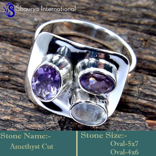 Amethyst Cut & Rainbow Moonstone Cut E - RSS855-Unique Three Stone Handmade Fashionable Rings 925 Sterlin