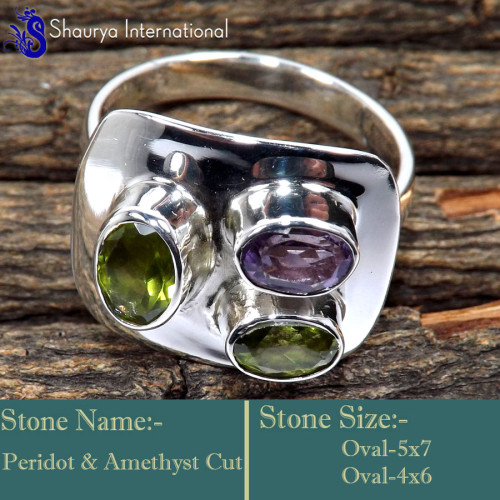 Peridot & Amethyst Cut G - RSS855-Unique Three Stone Handmade Fashionable Rings 925 Sterlin