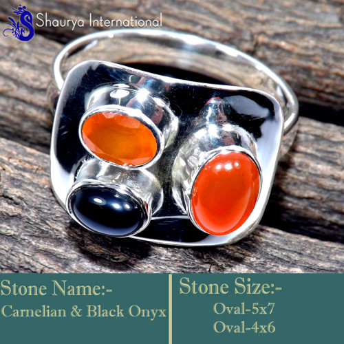 Carnelian & Black Onyx O - RSS855-Unique Three Stone Handmade Fashionable Rings 925 Sterlin