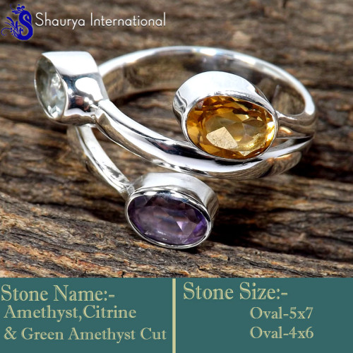 Citrine,Amethyst & Green Amethyst F - RSS853-Fabulous Cut Gemstone Design Handmade Rings 925 Sterling