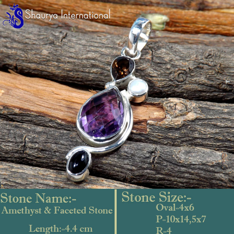 Amethyst Cut,Smokey,Pearl & Black Onyx D - SSP850-Valentine's Special Four Stone Gorgeous Designer Pendants