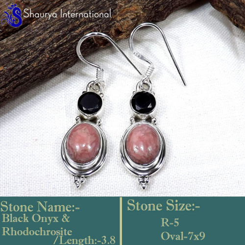 Rhodochrosite & Black Onyx A - SDE754-Stylish Two Stone Handmade Designer Earrings  925 Sterlin