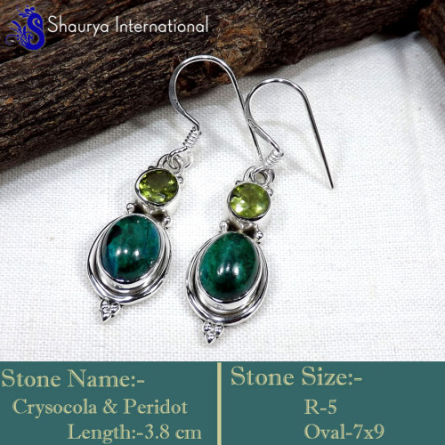 Crysocola & Peridot C - SDE754-Stylish Two Stone Handmade Designer Earrings  925 Sterlin