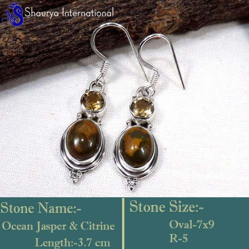 Citrine Cut & Ocean Jasper E - SDE754-Stylish Two Stone Handmade Designer Earrings 925 Sterlin Citrine Cut & Ocean Jasper E - SDE754-Stylish Two Stone Handmade Designer Earrings 925 Sterlin