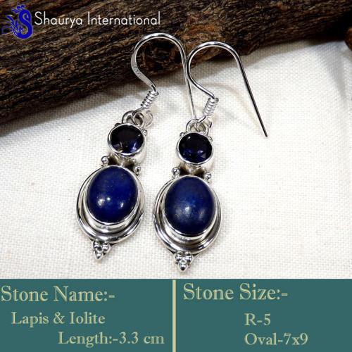 Lapis Lazuli & Iolite  H - SDE754-Stylish Two Stone Handmade Designer Earrings  925 Sterlin