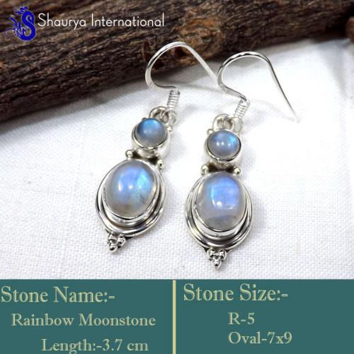 Rainbow Moonstone O - SDE754-Stylish Two Stone Handmade Designer Earrings  925 Sterlin