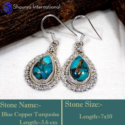 Blue Copper Turquoise O - SDE749-Gorgeous Party Look Handmade Designer Earrings 925 Sterli Blue Copper Turquoise O - SDE749-Gorgeous Party Look Handmade Designer Earrings 925 Sterli