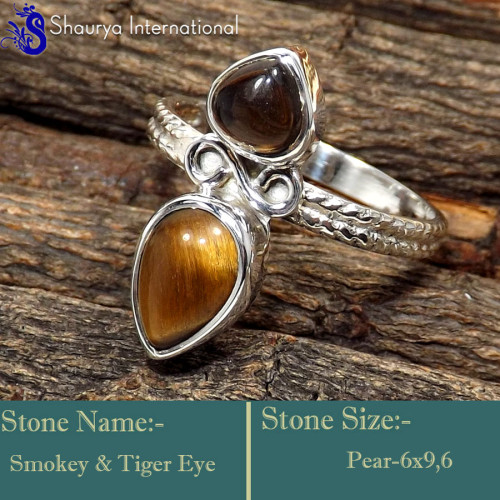 Smokey Cab & Tiger Eye F - SDR646-Designer Two Stone Beautiful Handmade Rings 925 Sterling