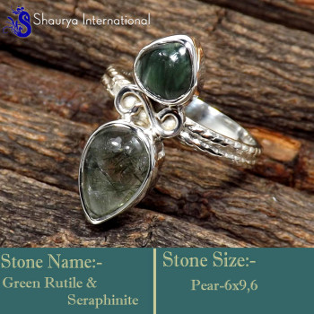 Green Rutile & Seraphinite I - SDR646-Designer Two Stone Beautiful Handmade Rings 925 Sterling Green Rutile & Seraphinite I - SDR646-Designer Two Stone Beautiful Handmade Rings 925 Sterling