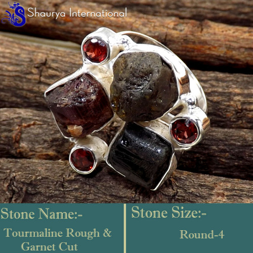 Tourmaline Rough & Garnet Cut A - SRR995-Marvellous Latest Rough Gemstone Rings 925 Sterling Silve