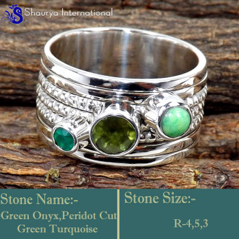 Green Turquoise,Peridot & Green Onyx E - SDR619-Graceful Movable Designer Handmade Rings 925 Sterling Sil