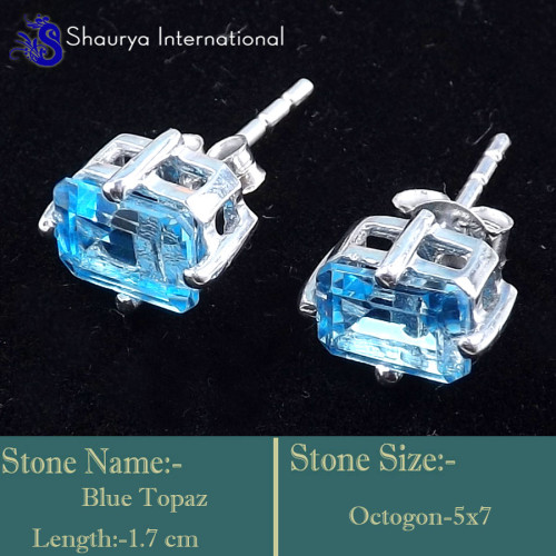Blue Topaz A - SFJ946-Faceted Cut Blue Topaz Gemstone Stud Earrings 925 Sterlin