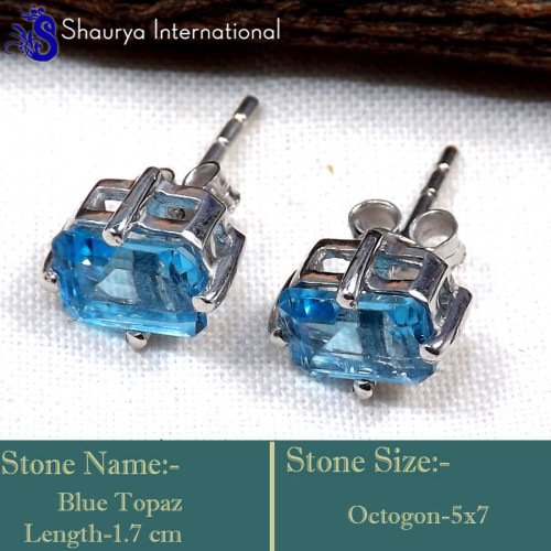 Blue Topaz C - SFJ946-Faceted Cut Blue Topaz Gemstone Stud Earrings 925 Sterlin