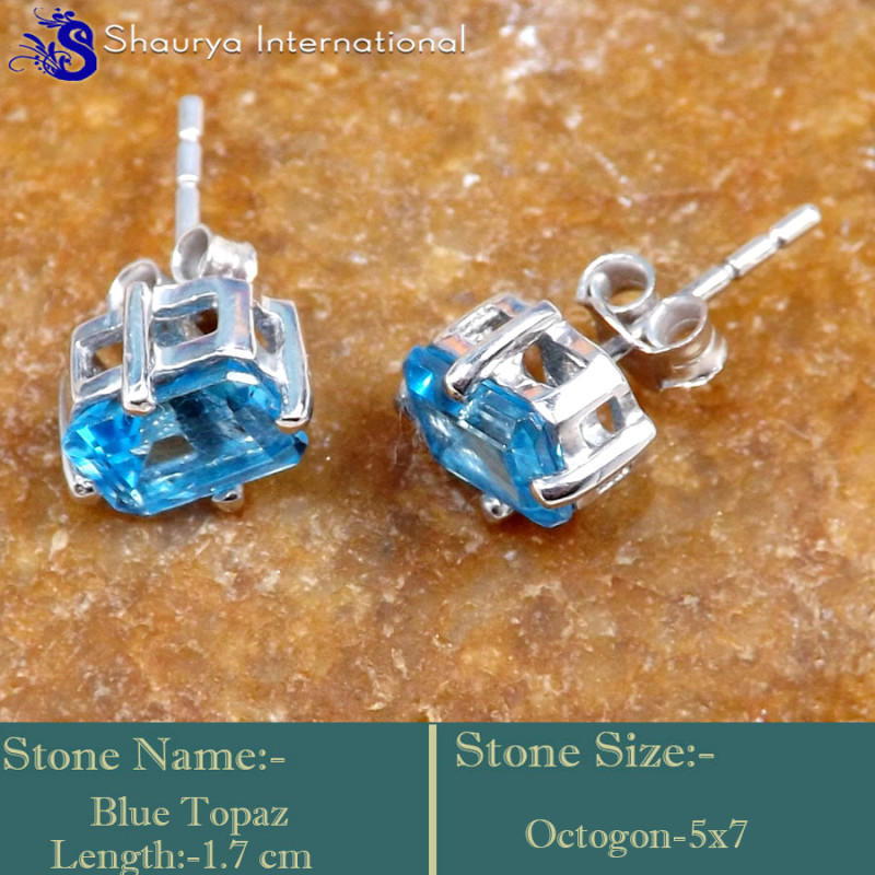 Blue Topaz D - SFJ946-Faceted Cut Blue Topaz Gemstone Stud Earrings 925 Sterlin