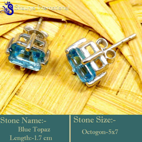 Blue Topaz E - SFJ946-Faceted Cut Blue Topaz Gemstone Stud Earrings 925 Sterlin