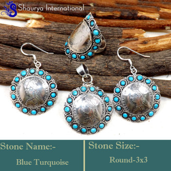 Blue Turquoise O - SFJ945-Gorgeous Latest Designer Ring Earring,Pendant Set 925 Ste