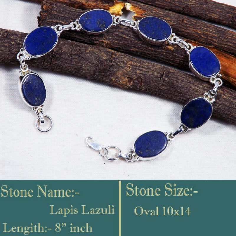 Lapis Lazui G - LPS990-Solid 925 Sterling Silver Flat Lapis Lazuli Plain Set Bra Lapis Lazui G - LPS990-Solid 925 Sterling Silver Flat Lapis Lazuli Plain Set Bra