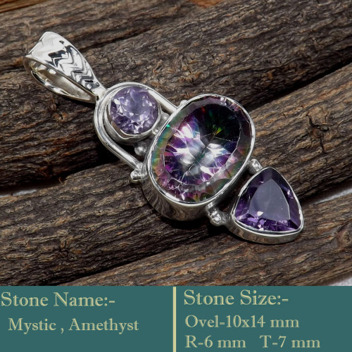 Mystic Quartz & Amethyst F - SD616-925 Sterling Silver Three Stone Designer Handmade Wholesal