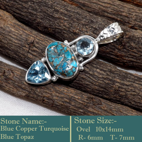 Blue Copper Turquoise  & Blue Topaz I - SD615-Stunning Cab Gemstones Colourful Pendants 925 Sterling Sil