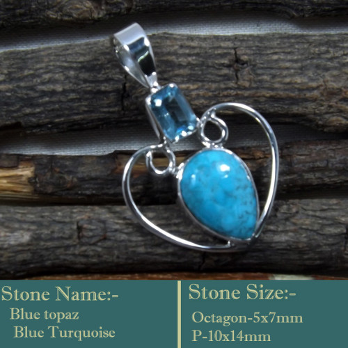 Blue Turquoise & Topaz Cab H - SD605-Solid 925 Sterling Silver Cab Gemstone Colourful Designer