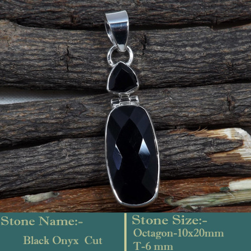 Black Onyx Cut G - SD602-Cut Gemstone Solid 925 Sterling Silver Designer Pendant Wh