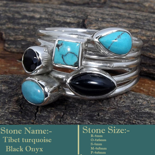 Tibet Turquoise & Black Onyx Cab O - SDR603-Soild 925 Sterling Silver-Cab Gemstones Colourful Designe