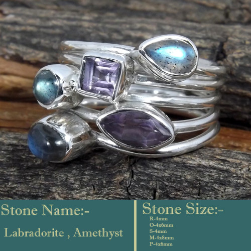 Labradorite & Amethyst Cut G - SDR602-Classic Colourful Cut Gemstones 925 Silver Designer Ring
