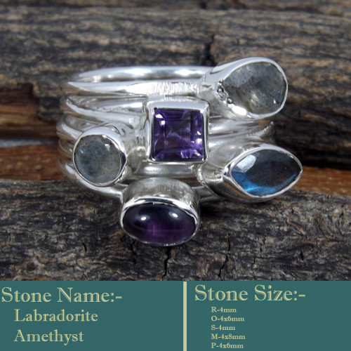 Labradorite & Amethyst Cut K - SDR602-Classic Colourful Cut Gemstones 925 Silver Designer Ring