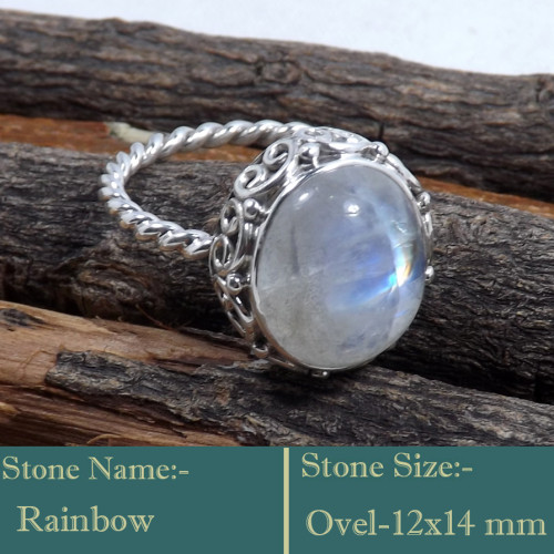 Rainbow Moonstone Cab M - SDR599-Charming Colourful Cab Gemstones 925 Sterling Silver Ring