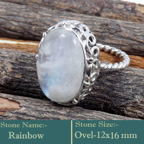 Rainbow Moonstone Cab O - SDR599-Charming Colourful Cab Gemstones 925 Sterling Silver Ring