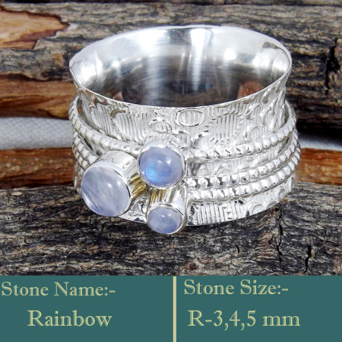 Rainbow Moonstone Cab A - SDR596-Awesome 925 Sterling Silver Cab Gemstones Colourful Ring