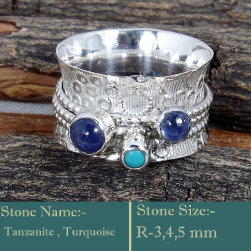 Tanzanite & Turquoise Cab C - SDR596-Awesome 925 Sterling Silver Cab Gemstones Colourful Ring
