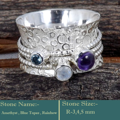 Amethyts, Blue Topaz & Rainbow Cab D - SDR596-Awesome 925 Sterling Silver Cab Gemstones Colourful Ring