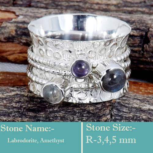 Labradorite & Amethyst Cab E - SDR596-Awesome 925 Sterling Silver Cab Gemstones Colourful Ring