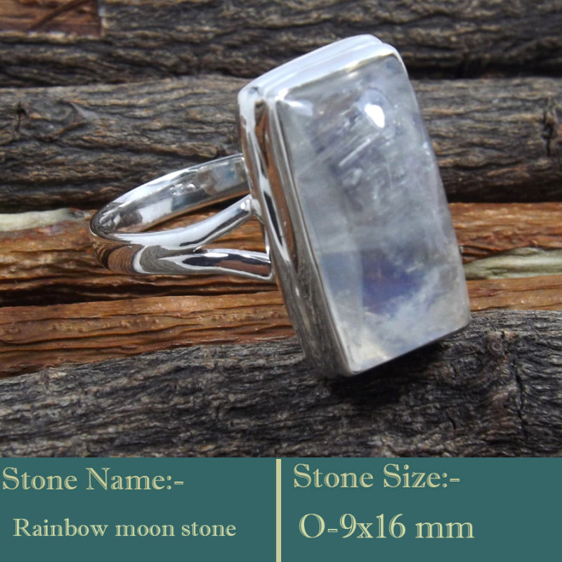 Rainbow Moonstone Cab B - RSS841-Rare Colourful Cab Gemstones 925 Sterling Silver Ring