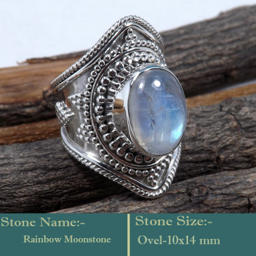 Rainbow Moonstone Cab N - SDR593-Attractive 925 Sterling Silver Cab Gemstones Designer Rin