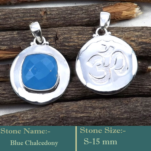 Blue Chalcedony Cut B - SD598-Wholesale Cut Gemstone 925 Silver Symbol of Om Design Pend