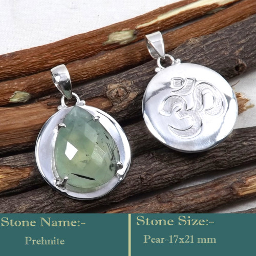 Prehnite Cut L - SD598-Wholesale Cut Gemstone 925 Silver Symbol of Om Design Pend