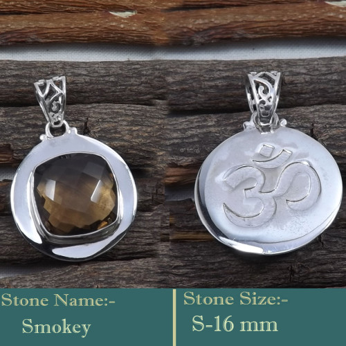 Smokey Cut O - SD598-Wholesale Cut Gemstone 925 Silver Symbol of Om Design Pend