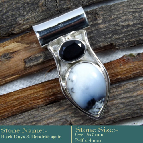 Black Onyx & Dendrite Agate Cab I - SD596-Fashionable Cab Gemstone 925 Sterling Silver Designer Pend