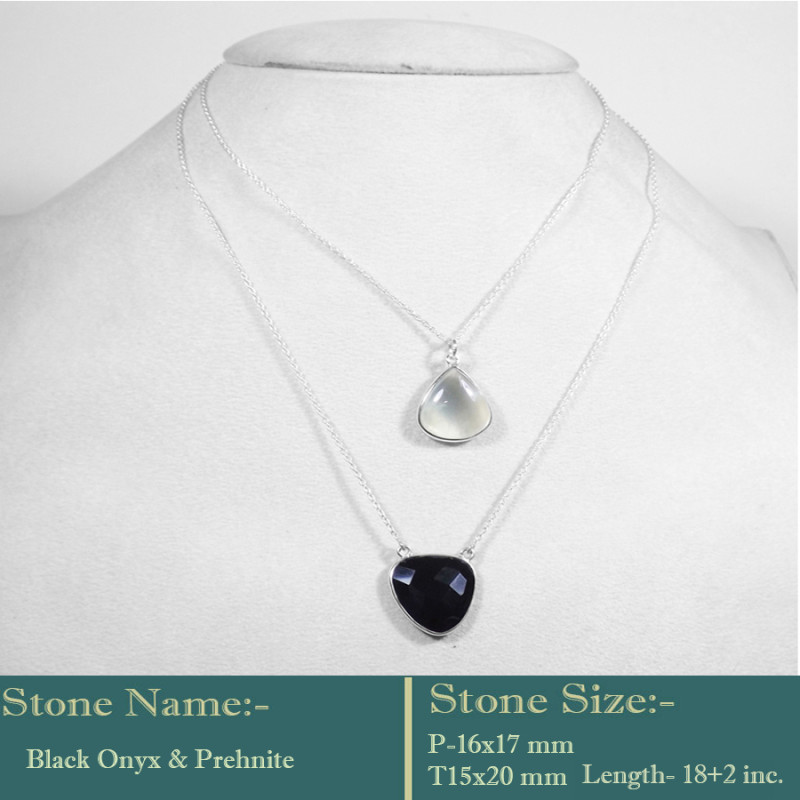 Black Onyx & Prehnite Cab A - BZN981-Stunning Look Two Stone Handmade 925 Sterling silver Benj