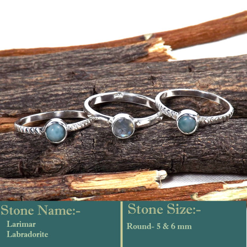 Larimar & Labradorite Cab C - STK947-Amazing Party Look Handmade Stacking Rings 925 Sterling S