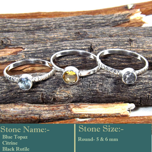 Blue Topaz, Citrine & Black Rutile Cut E - STK946-Glorious Look Handmade 925 Silver Three Cut Gemstone Stac