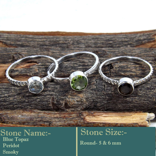 Blue Topaz, Peridot & Smokey Cut F - STK946-Glorious Look Handmade 925 Silver Three Cut Gemstone Stac