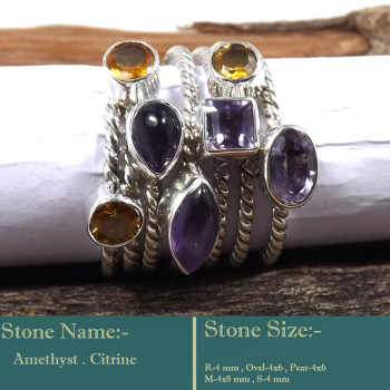 Amethyst & Citrine Cut A - STK944-Fabulous Look Stacking Cut Gemstone 925 Sterling Silver W
