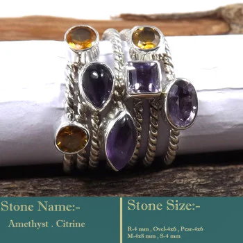 Amethyst & Citrine Cut A - STK944-Fabulous Look Stacking Cut Gemstone 925 Sterling Silver W Amethyst & Citrine Cut A - STK944-Fabulous Look Stacking Cut Gemstone 925 Sterling Silver W